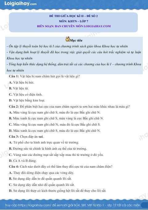 Đề thi giữa học kì 2 KHTN 7 Kết nối tri thức - Đề số 7